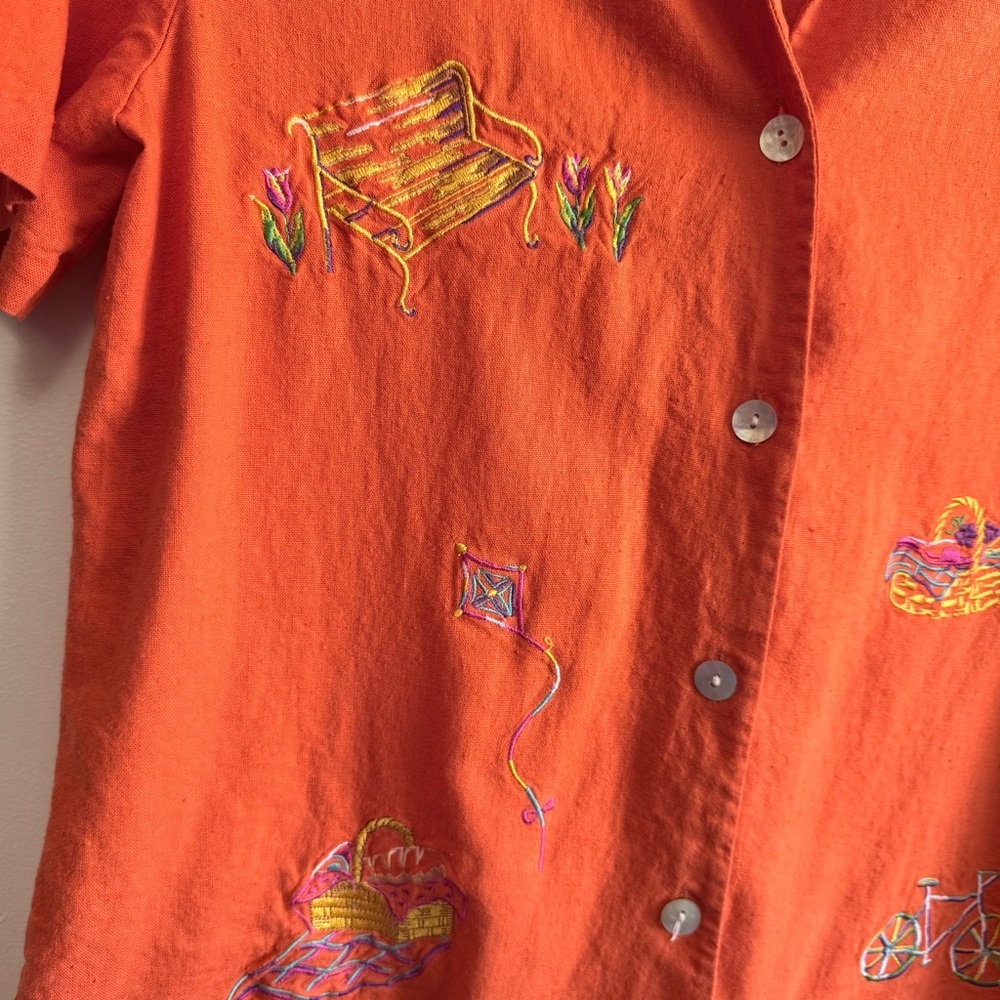 Vintage Dressbarn Orange Linen Embroidered Top Picnic Grandmacore Boho Sz 6 - Picture 2 of 8